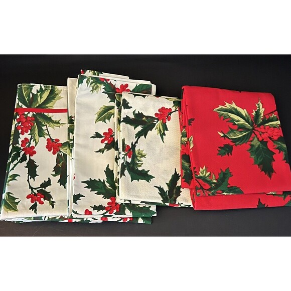 Zina Vasi Christmas Poinsettia Holly Berry Napkins Placemats & Tea Towels Lot - Picture 1 of 15